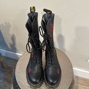 Dr. Martens Black Lace Up Boots with Red Embroidery